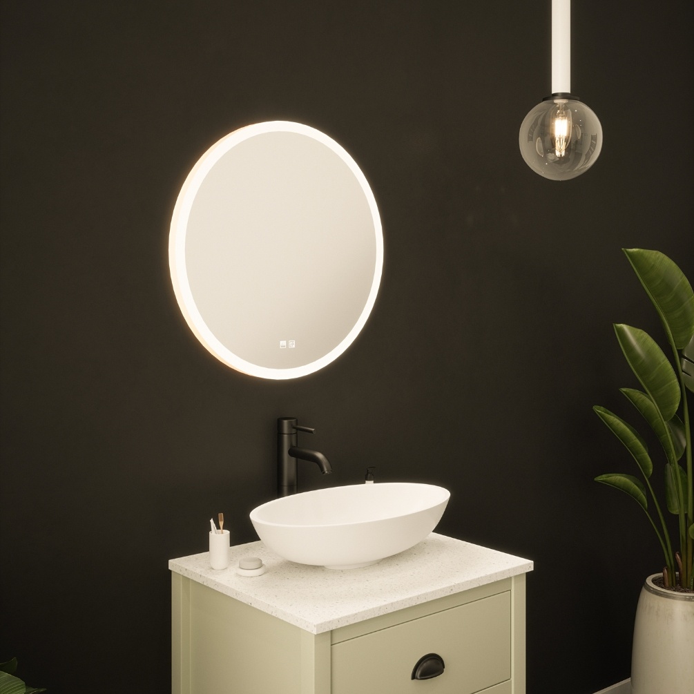 Product Lifestyle image of the Bank Round Colour Changing LED Mirror emitting warm white light